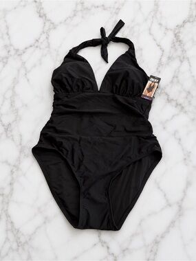 DKNY Black Halter One Piece Swimsuit NWT Ruched Tummy Control XXL
